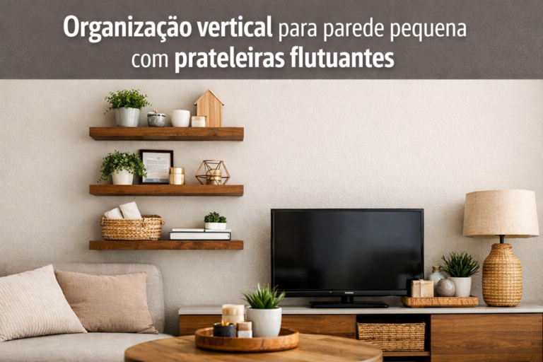 Organização vertical para parede pequena com prateleiras flutuantes