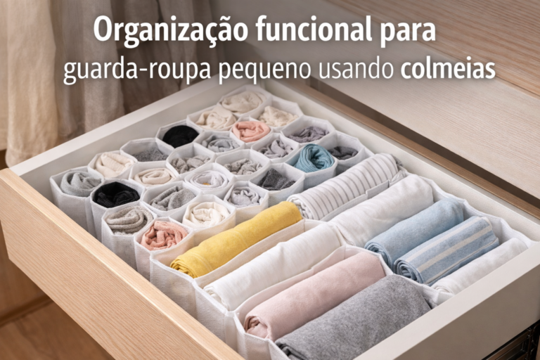 Organização funcional para guarda-roupa pequeno usando colmeias