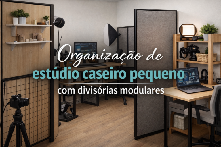 Organização de estúdio caseiro pequeno com divisórias modulares